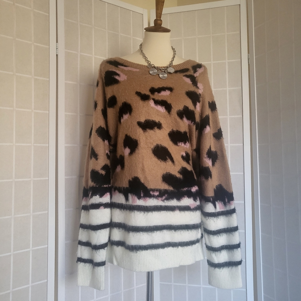 Oversized Cozy Winter Chunky  Fuzzy Striped Leopard Sweater Sz L